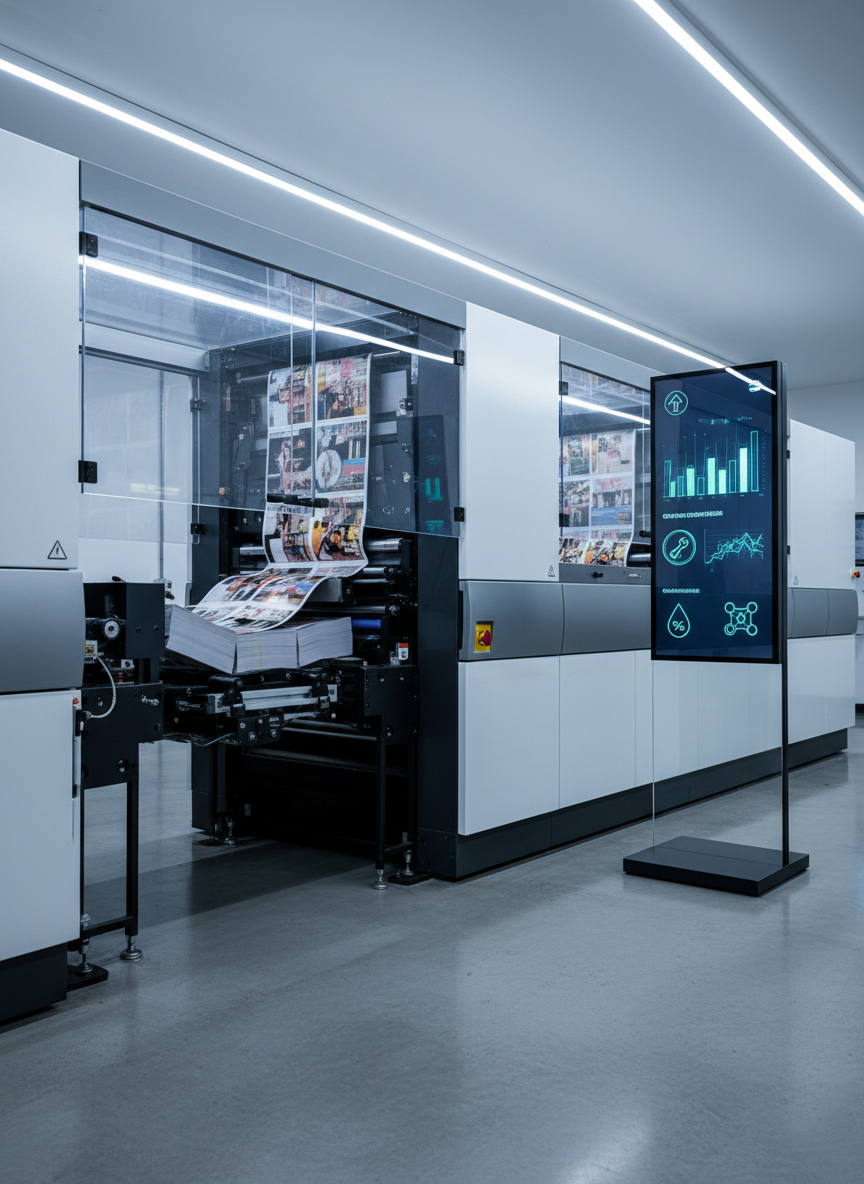 A high-end digital printing press with glossy white panels and precise metal rollers dominates a clean production floor. Transparent covers reveal sheets of full-color magazine pages moving rapidly through the machine. Next to the press, a sleek, vertical glass screen displays a minimalist AI dashboard with charts, predictive maintenance alerts, and ink optimization suggestions represented by abstract icons rather than text. Cool, diffused overhead LED lighting creates subtle reflections on the metal surfaces and polished concrete floor. Photographed at eye level with sharp focus throughout, the composition follows the rule of thirds, emphasizing both the physical press and the AI interface. The mood is professional, efficient, and forward-looking, with a photographic realism that fits a global research news site about the future of printing and AI.